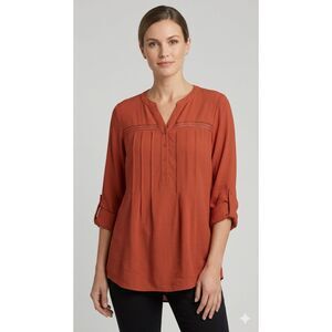 BYdesign Tunic Top Womens Large Orange Crochet Tab Sleeve Button Front Boho